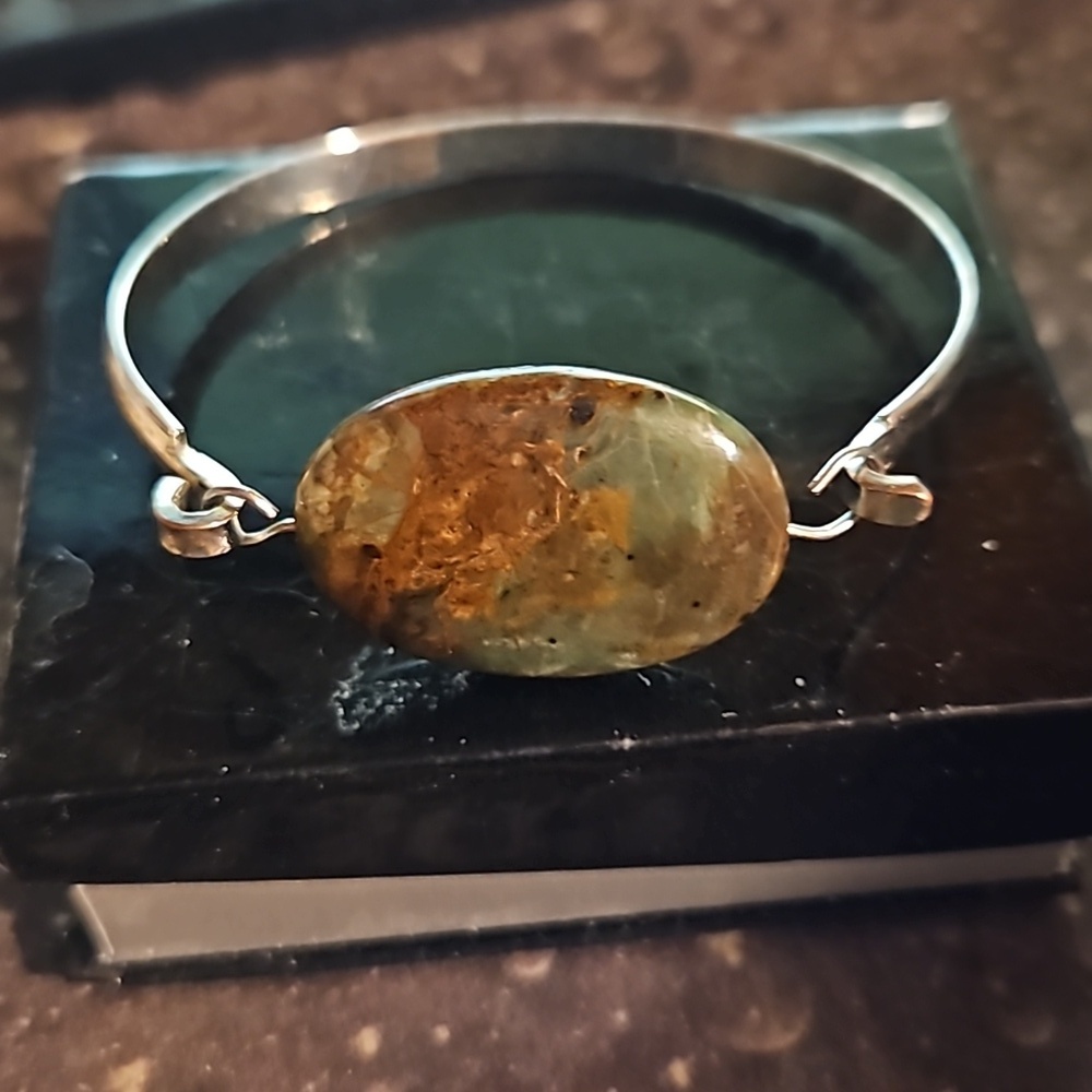 Silvertone Green Brown Stone Bracelet